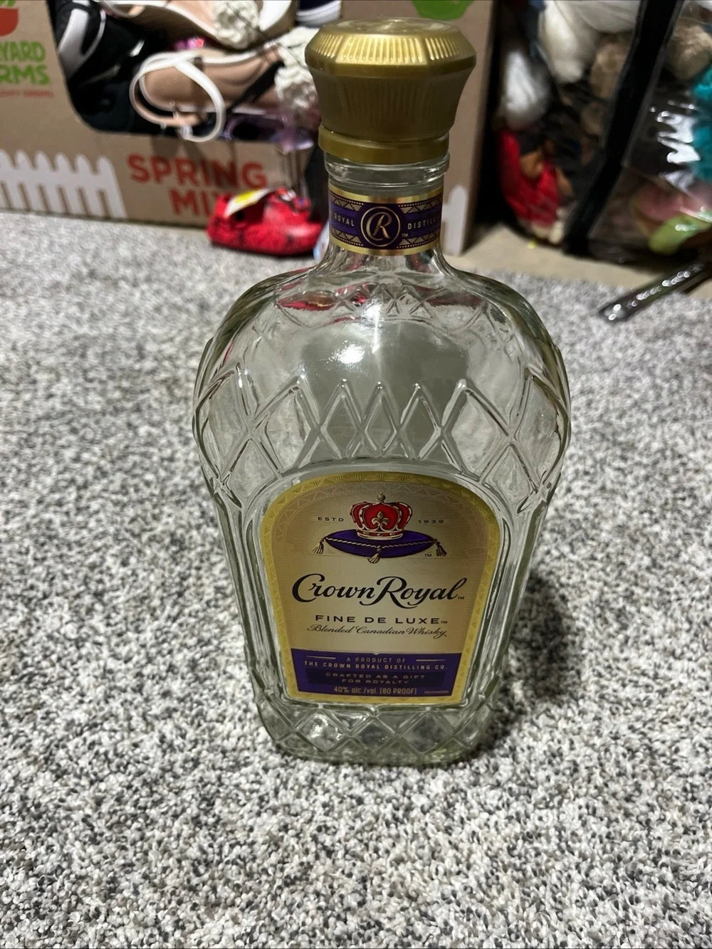 Crown Royal Fine De Luxe Canadian Whisky EMPTY Bottle 1.75 L